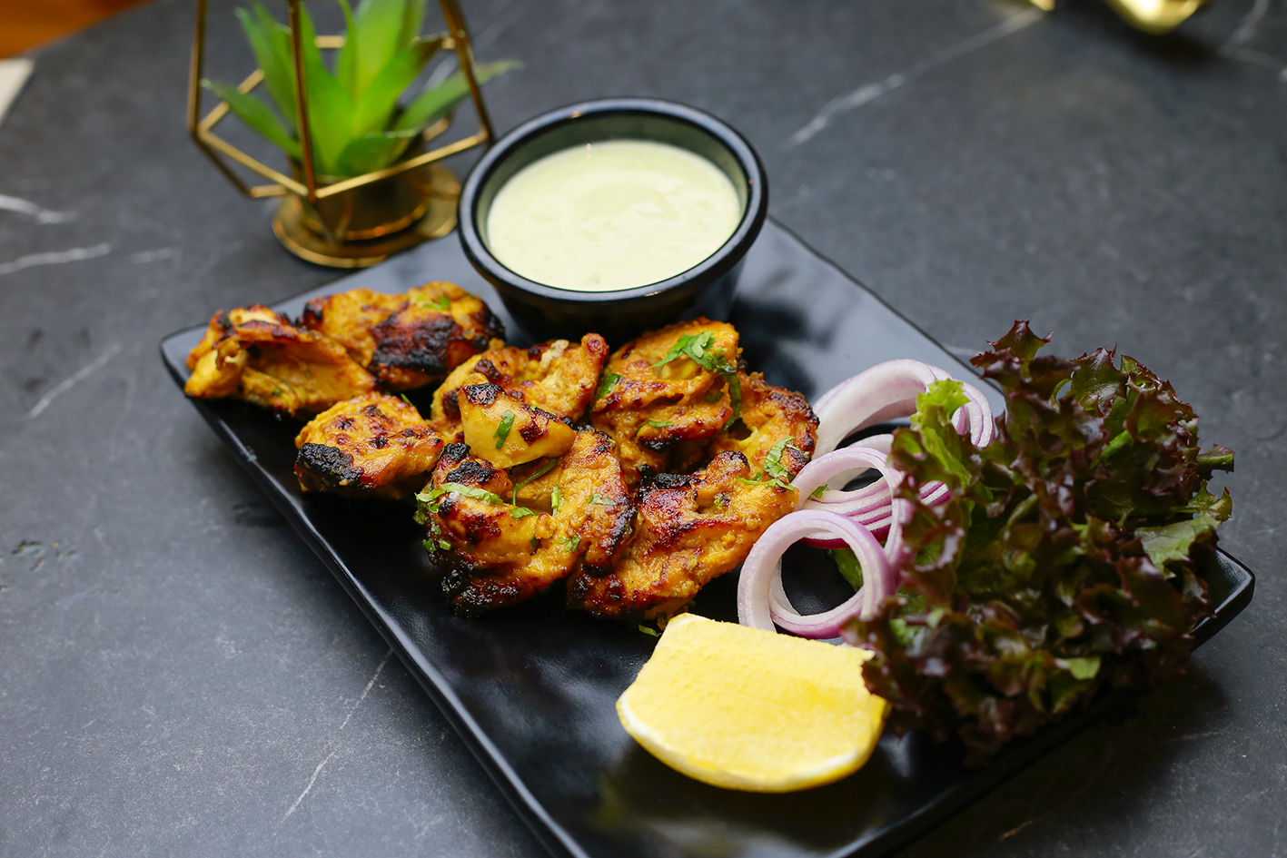 Chicken tikka with mint chutney and salad